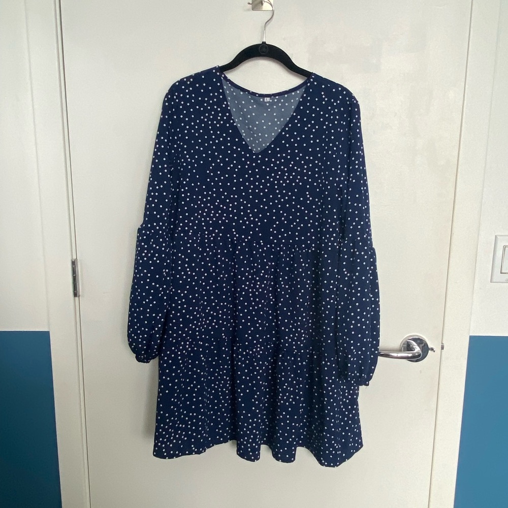 Blue polka dot tiered dress size L Amazon